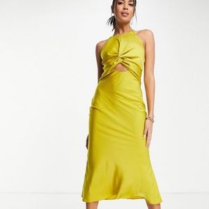 Olive Green Satin Tie Midi Dress